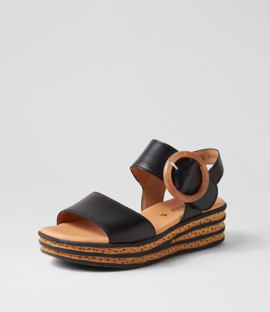 GABOR Jale Schwarz Leather Sandals | Comfort