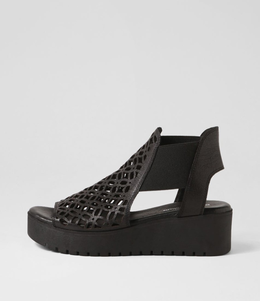 DJANGO & JULIETTE Odate Black Leather Sandals | Wedges