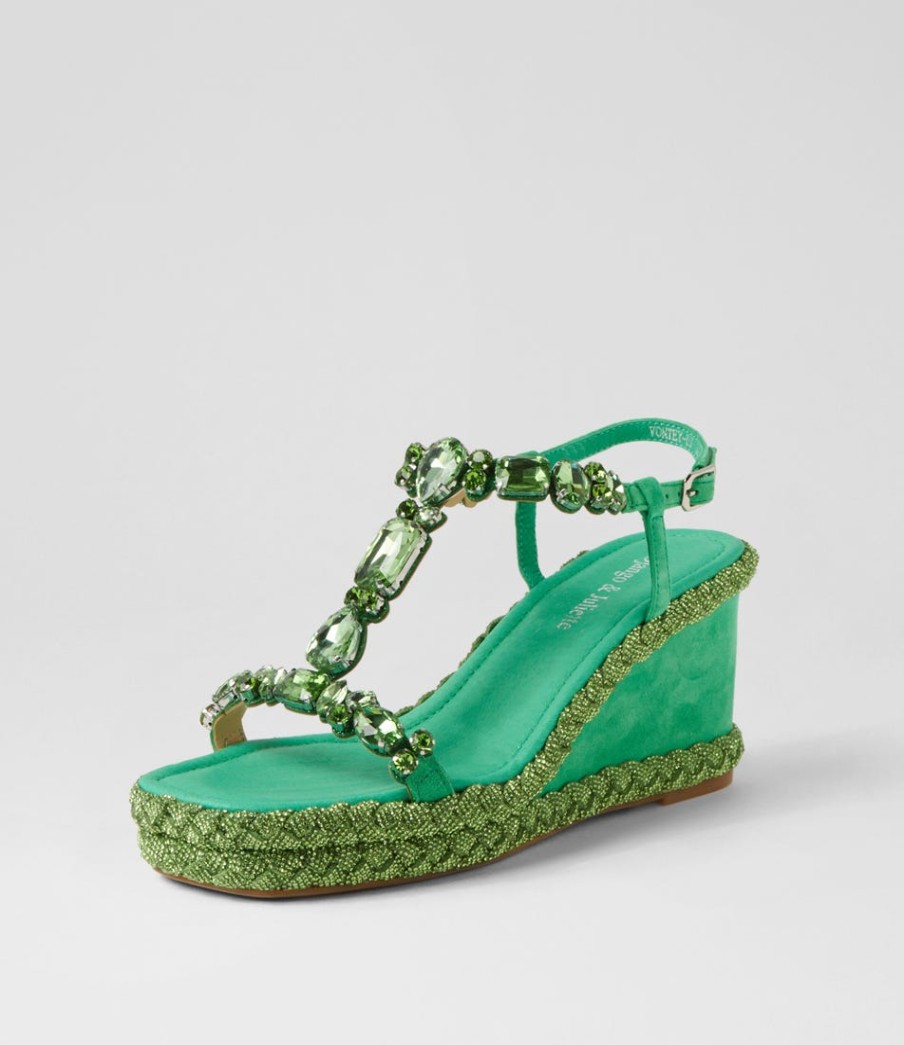 DJANGO & JULIETTE Vontey Light Emerald Suede Jewels Sandals | Wedges