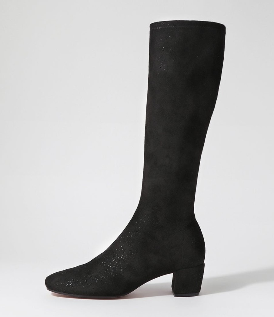 DJANGO & JULIETTE Hayleys Black Sparkle Stretch Microsuede Knee High Boots | Boots