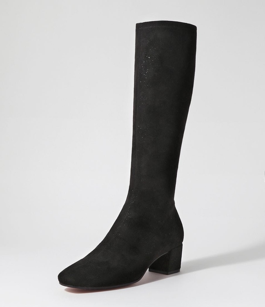 DJANGO & JULIETTE Hayleys Black Sparkle Stretch Microsuede Knee High Boots | Boots