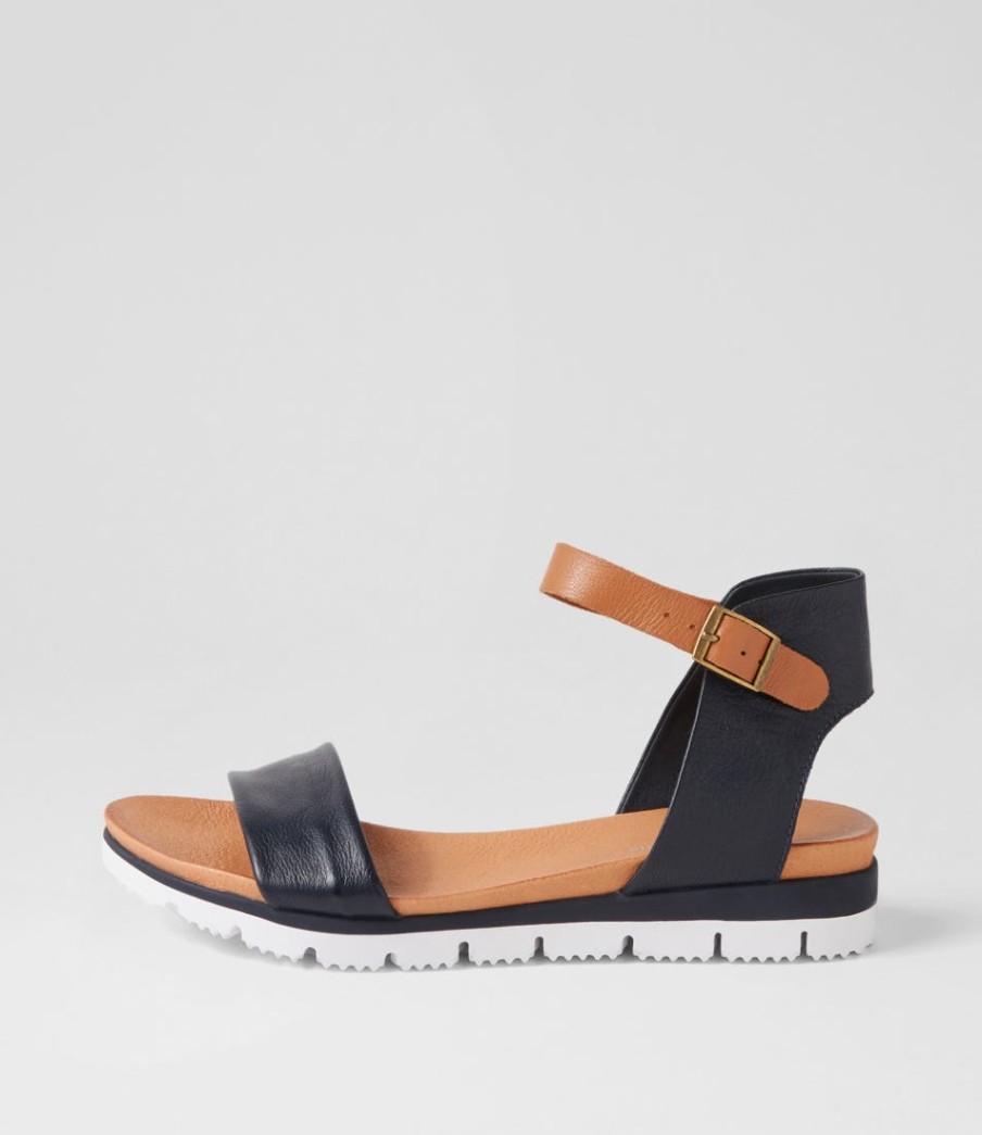 DJANGO & JULIETTE Londona Navy Dark Tan Leather Sandals | Wedges