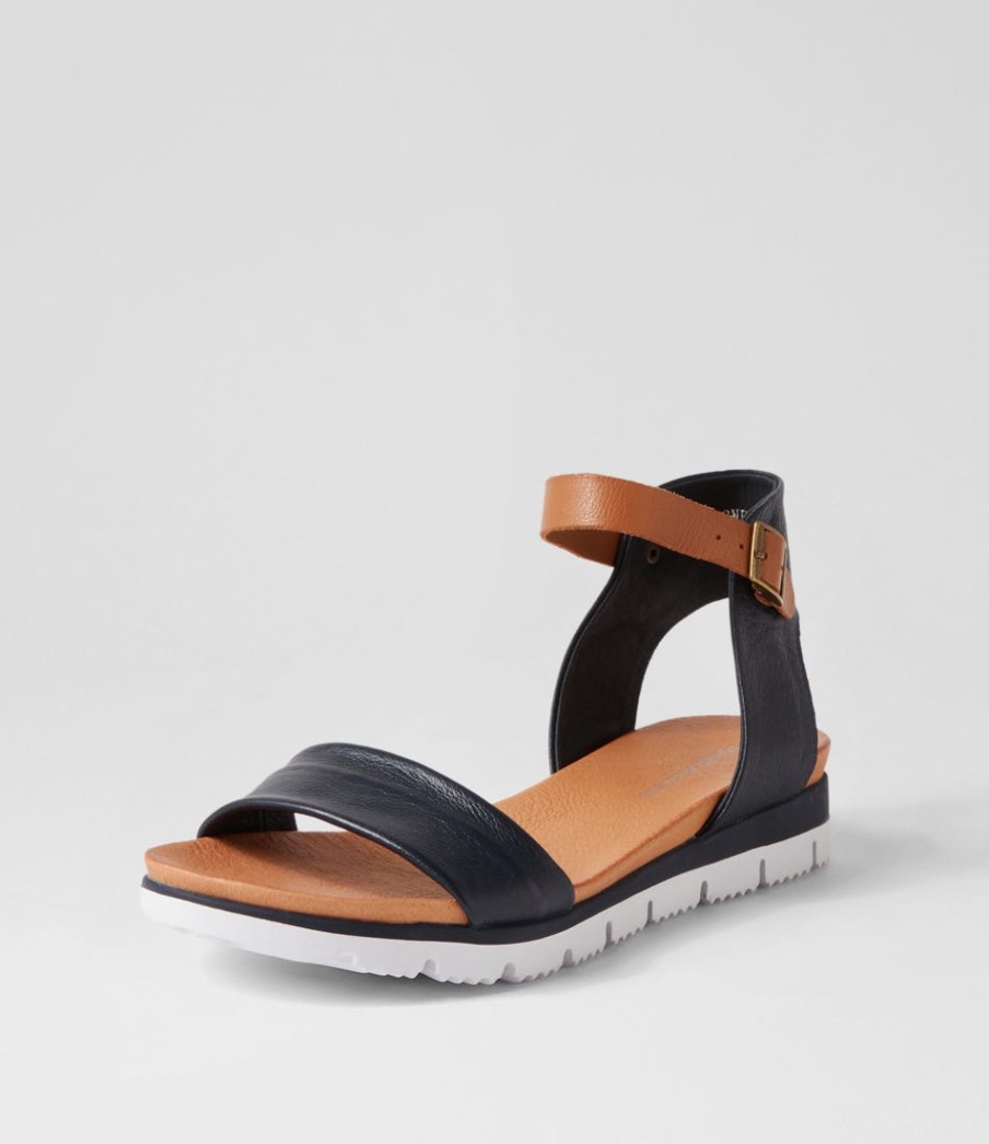 DJANGO & JULIETTE Londona Navy Dark Tan Leather Sandals | Wedges