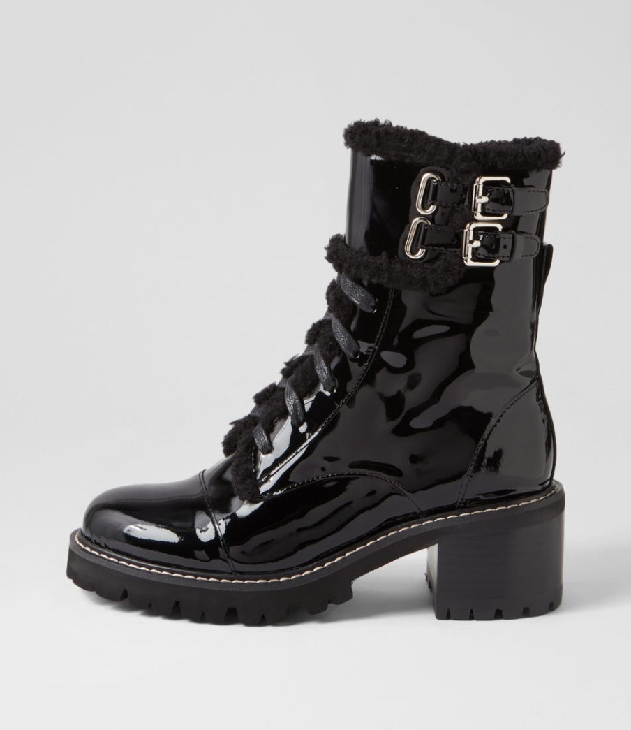 TOP END Jenifa Black Patent Fur Lace Up Boots | Boots