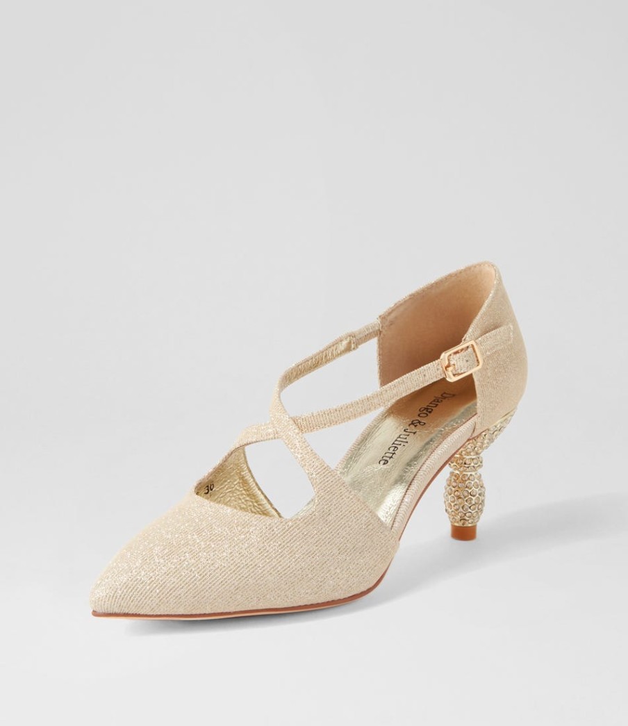 DJANGO & JULIETTE Electrik Pale Gold Sparkle Fabric Heels | Heels