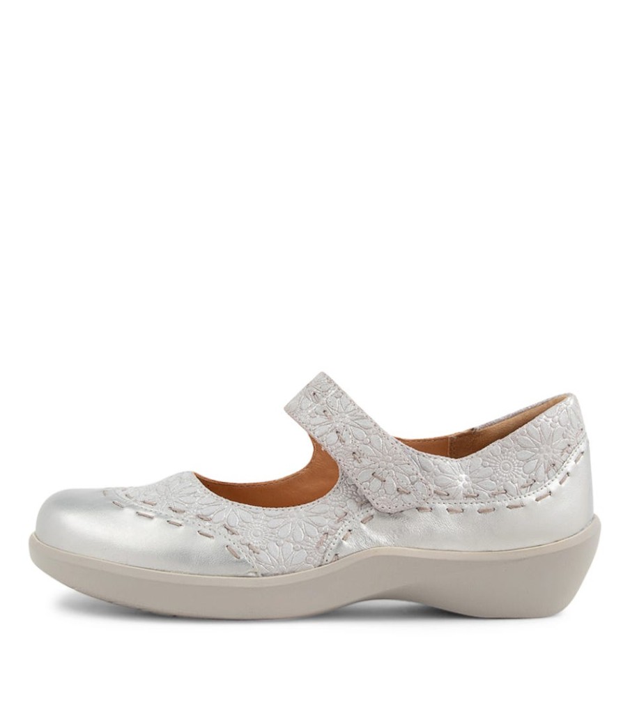 ZIERA Gummibear Xw Silver Daisy Leather Flat Shoes | Comfort