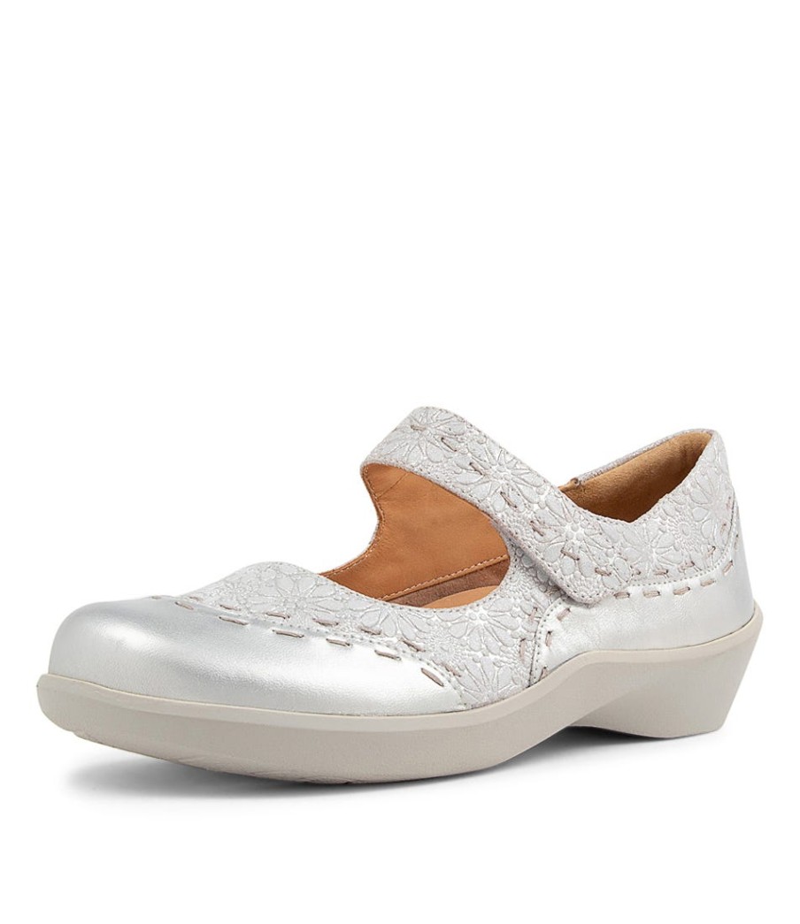 ZIERA Gummibear Xw Silver Daisy Leather Flat Shoes | Comfort