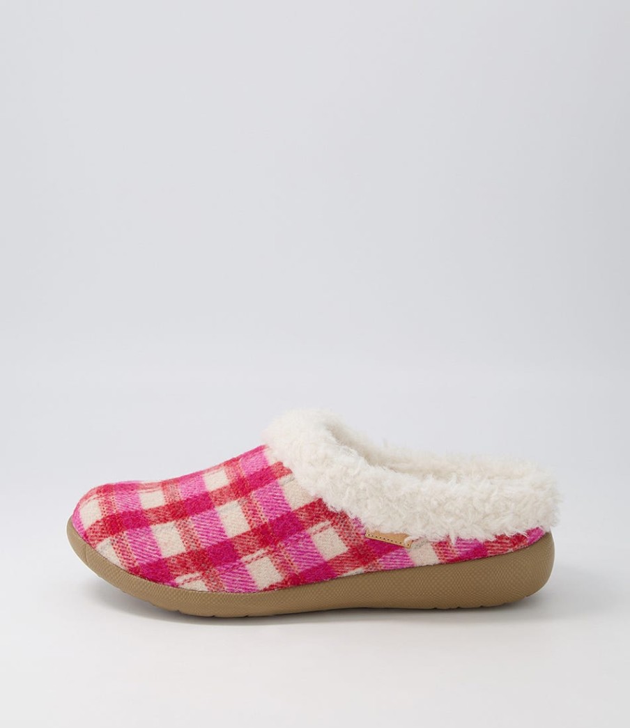 ZIERA Fifi Xw Fuchsia Red Check Fabric Slippers | Comfort