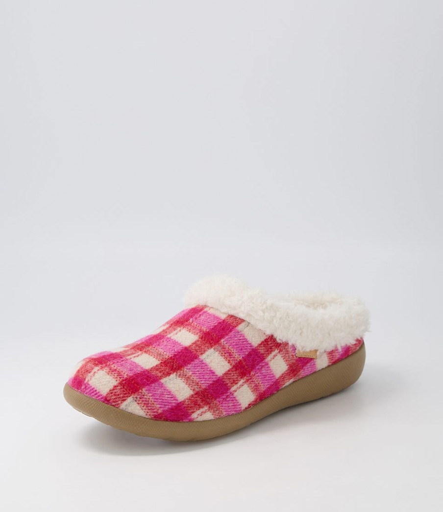 ZIERA Fifi Xw Fuchsia Red Check Fabric Slippers | Comfort