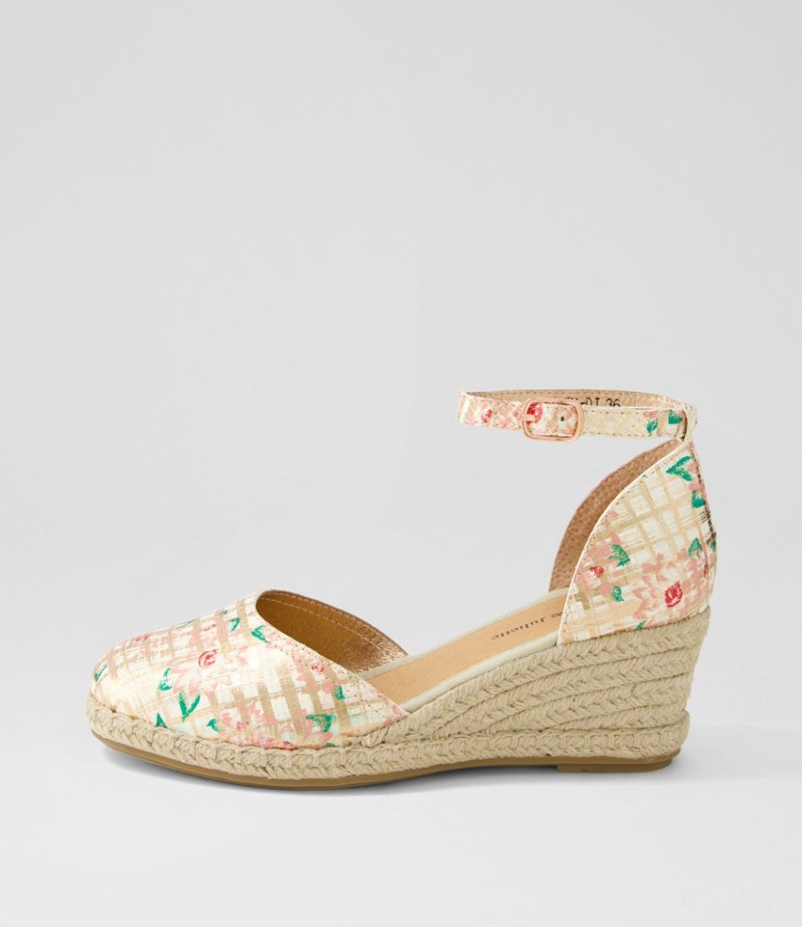 DJANGO & JULIETTE Rylen Rose Gold Pink Line Cut Leather Wedges | Espadrilles