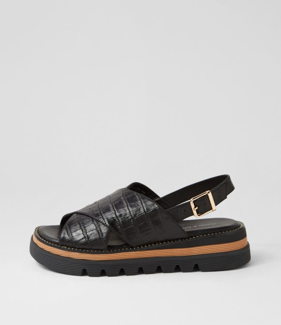 DJANGO & JULIETTE Sasi Black Croc Leather Sandals | Wedges