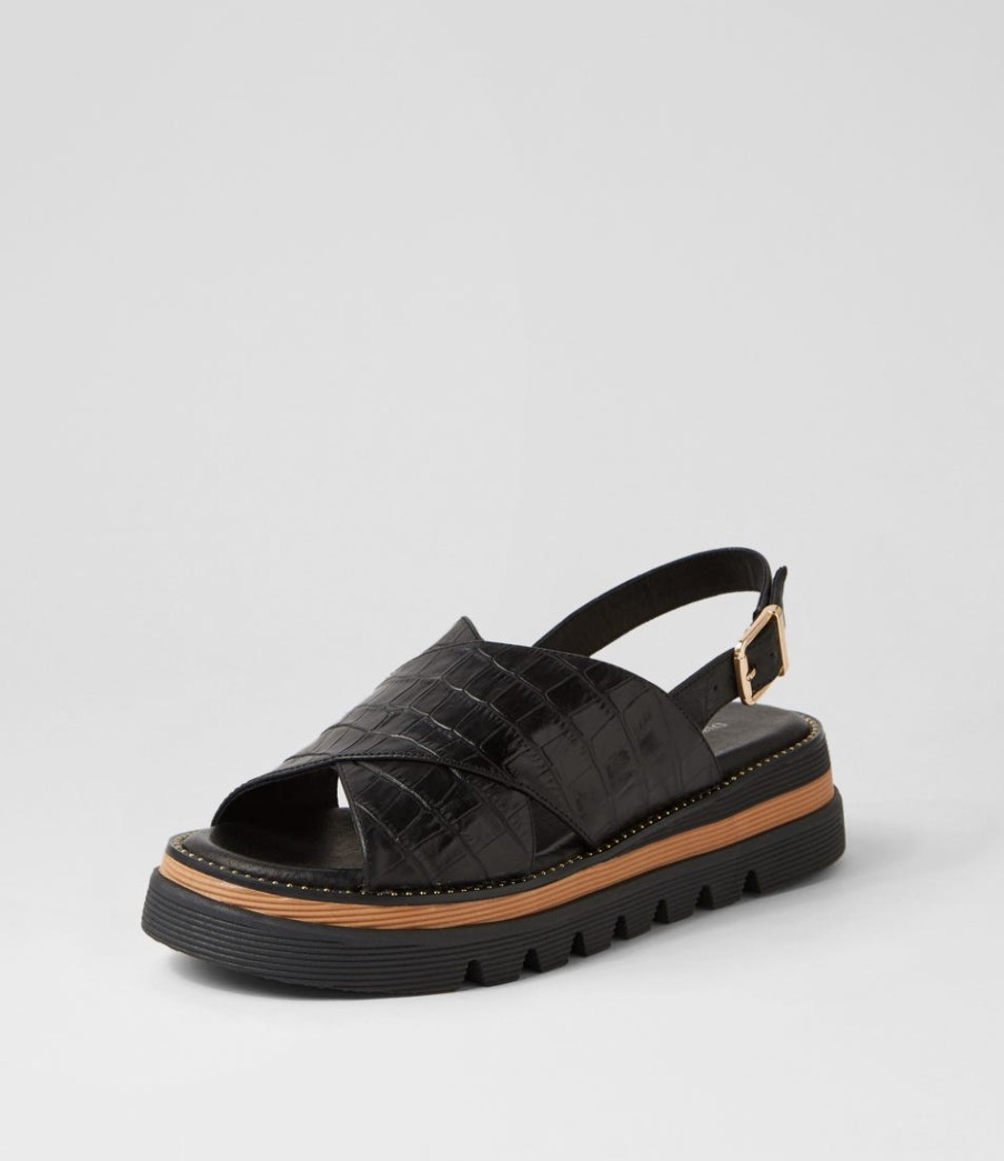 DJANGO & JULIETTE Sasi Black Croc Leather Sandals | Wedges