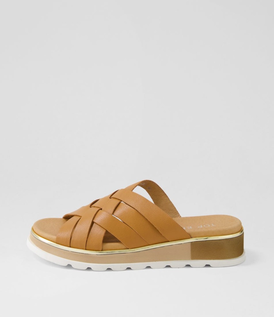 TOP END Ulysza Dark Tan Leather Slides | Wedges