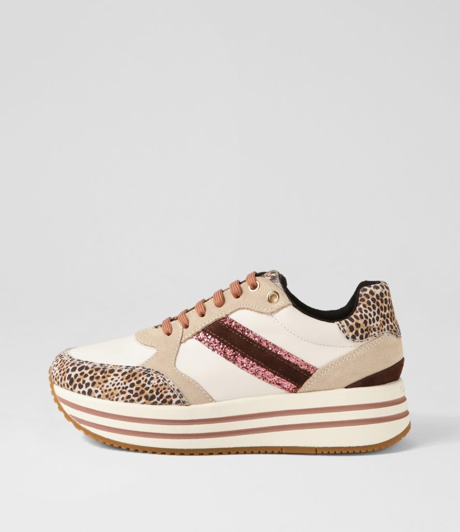 GEOX D Kency Off White Light Taupe Leather Suede Sneakers | Comfort