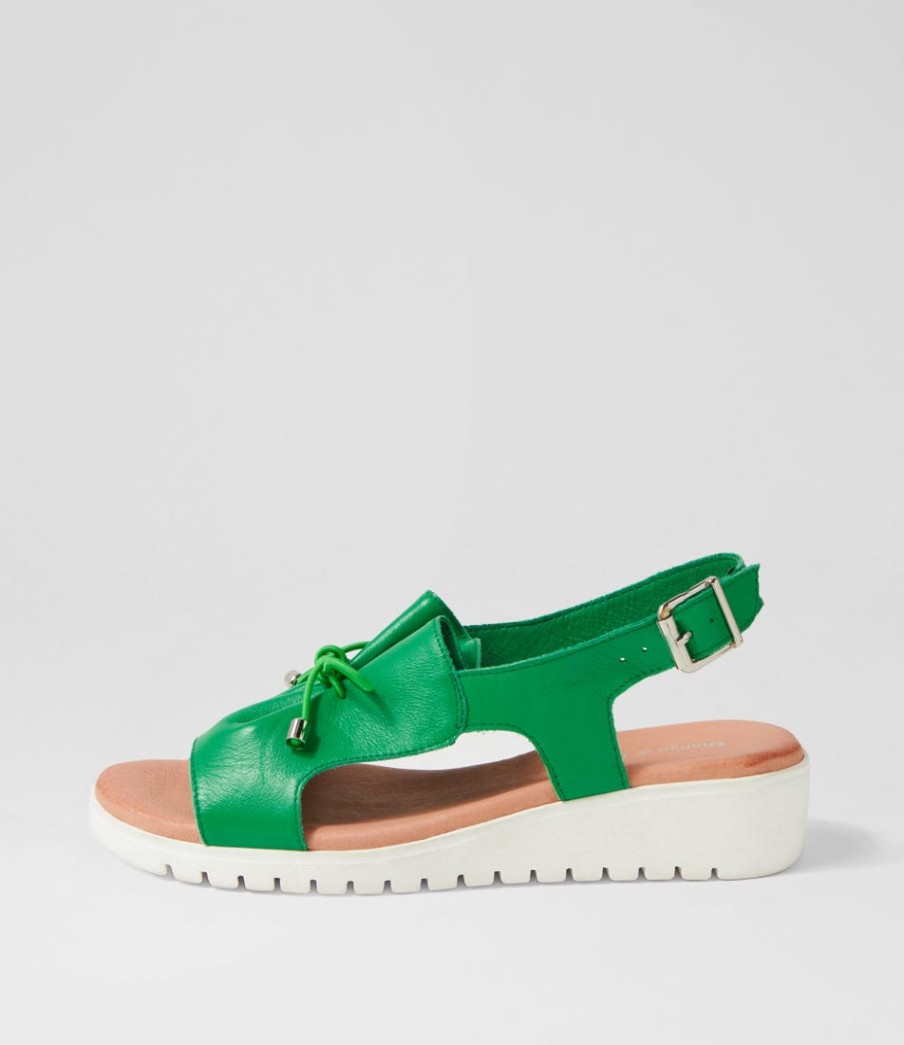 DJANGO & JULIETTE Malika Bright Emerald White Leather Sandals | Wedges