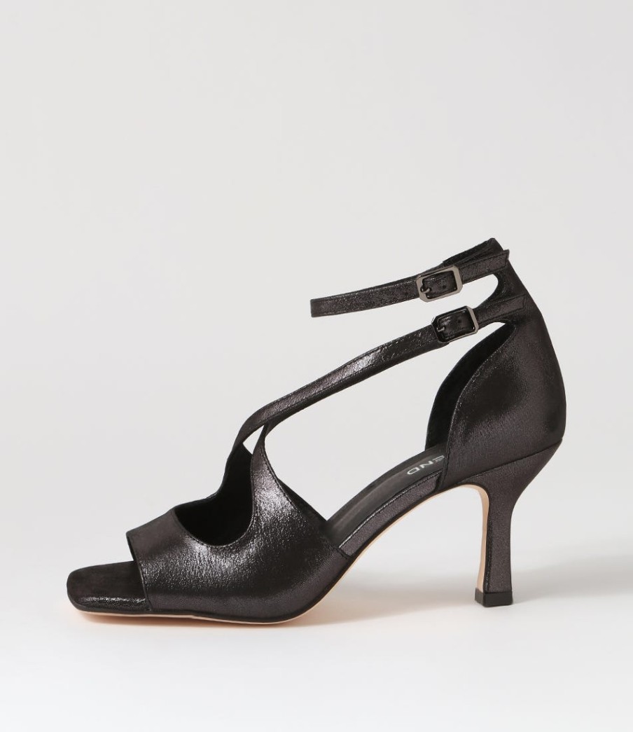 TOP END Lanyey Black Shimmer Leather Sandals | Heels