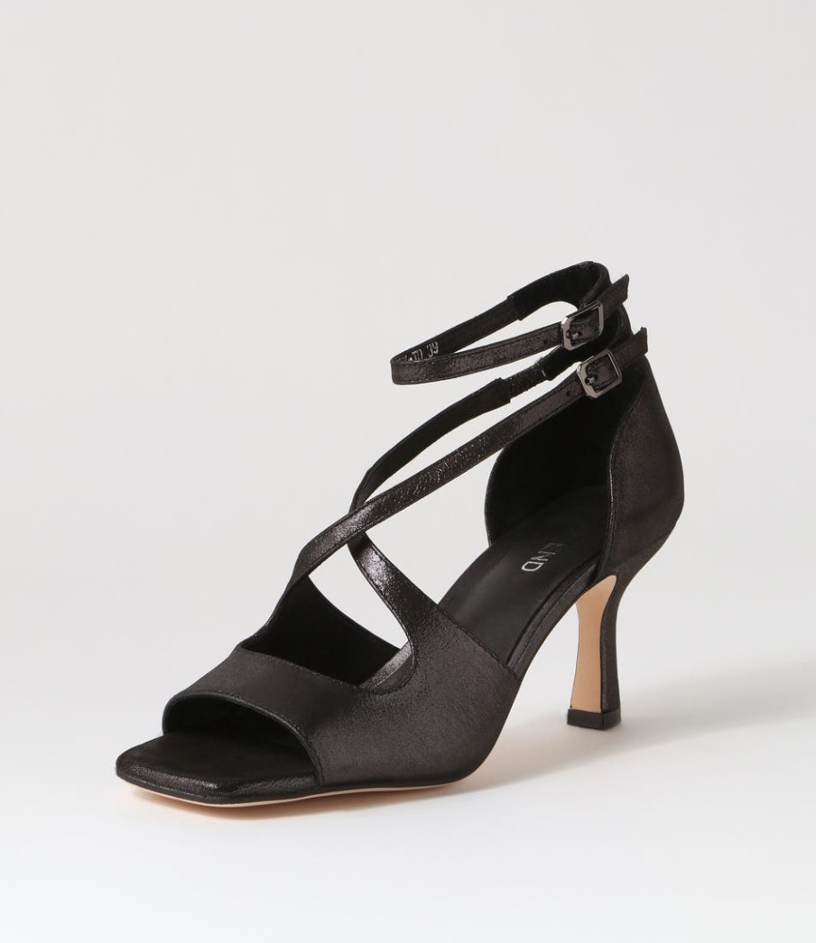 TOP END Lanyey Black Shimmer Leather Sandals | Heels