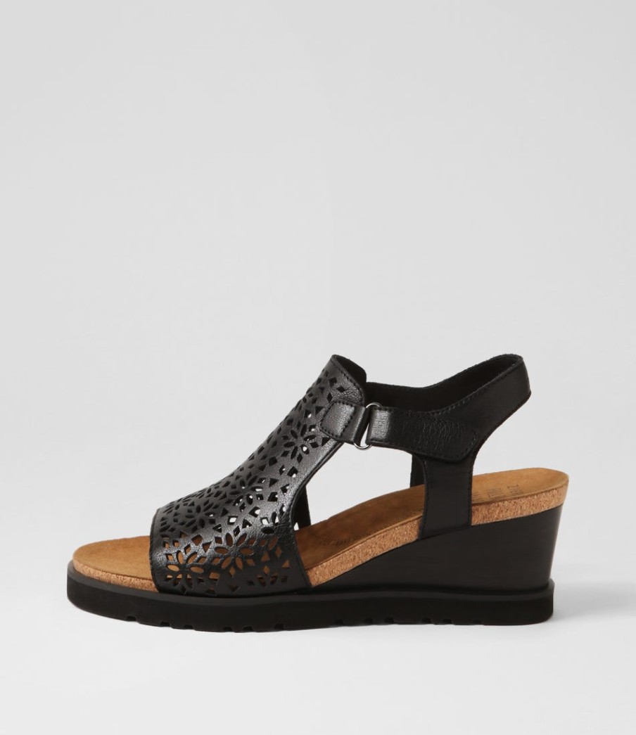 ZIERA Perynn W Black Leather Sandals | Wedges