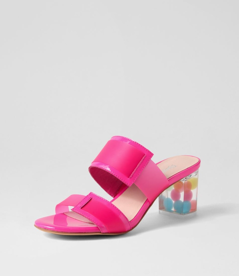 DJANGO & JULIETTE Sistel Hot Pink New Bubble Patent Vinylite Mules | Heels