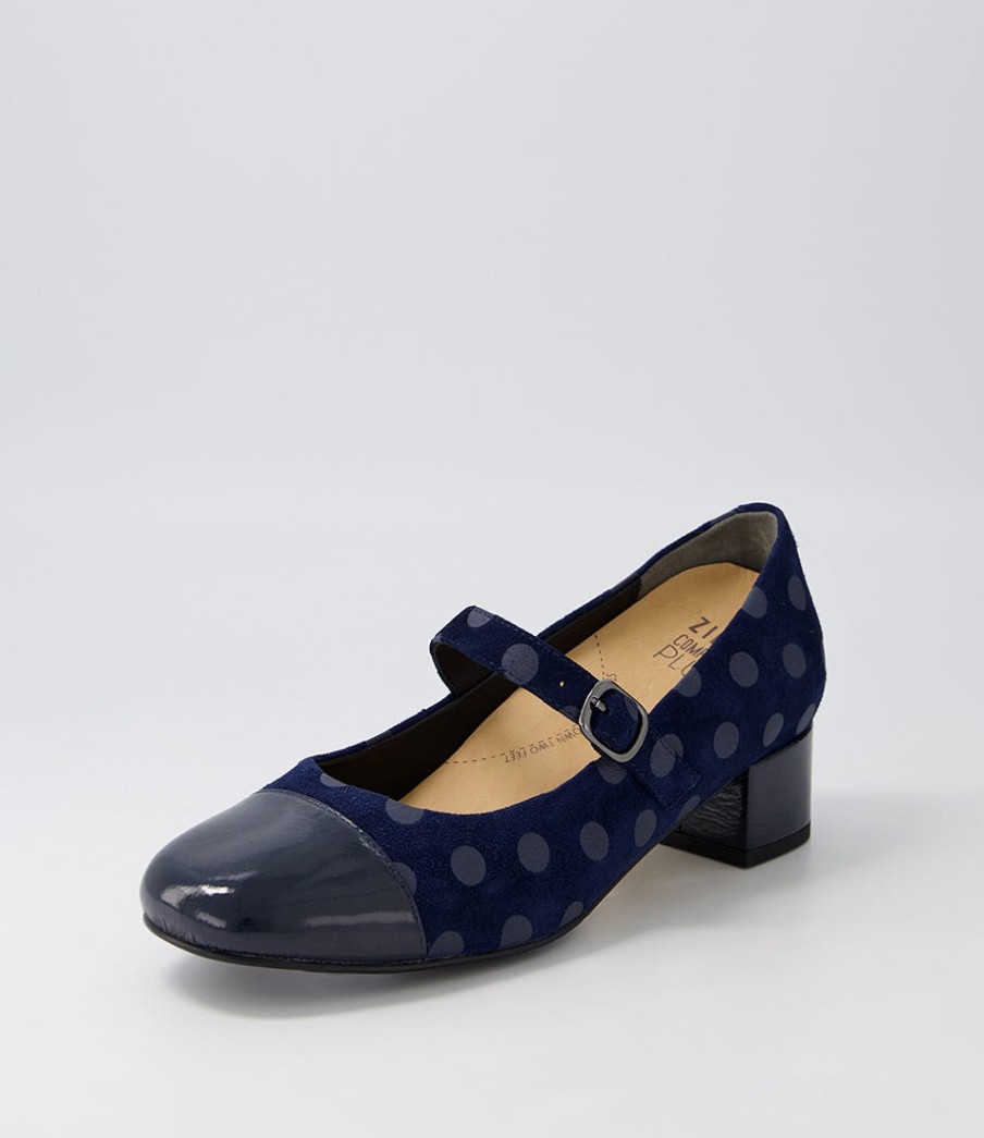 ZIERA Kowder W Navy Spot Patent Suede Heels | Heels