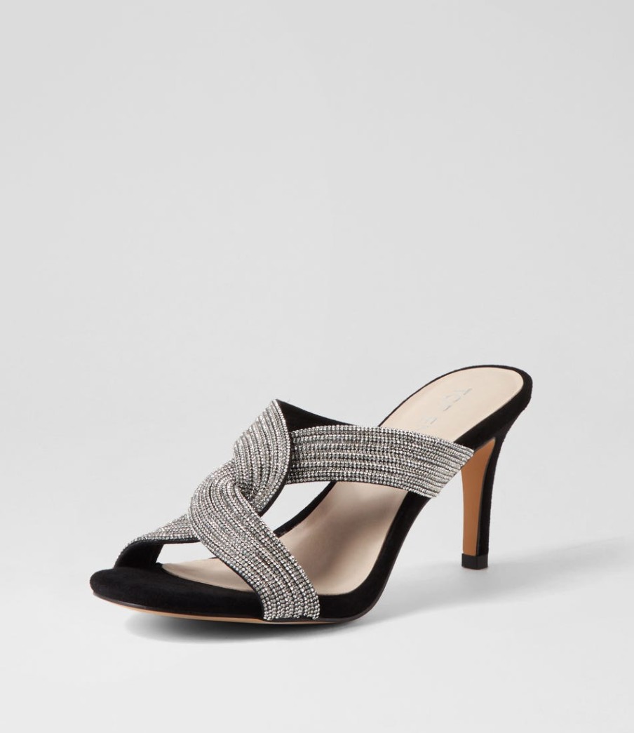 TOP END Narleta Black Silver Suede Jewels Mules | Heels