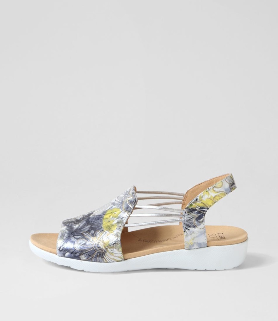 ZIERA Udhays W Navy Silver Floral Leather Elastic Sandals | Wedges