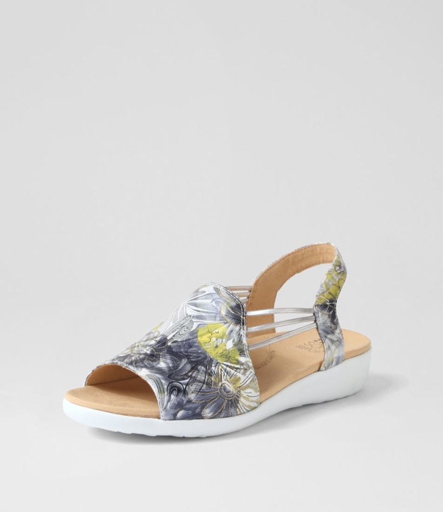 ZIERA Udhays W Navy Silver Floral Leather Elastic Sandals | Wedges