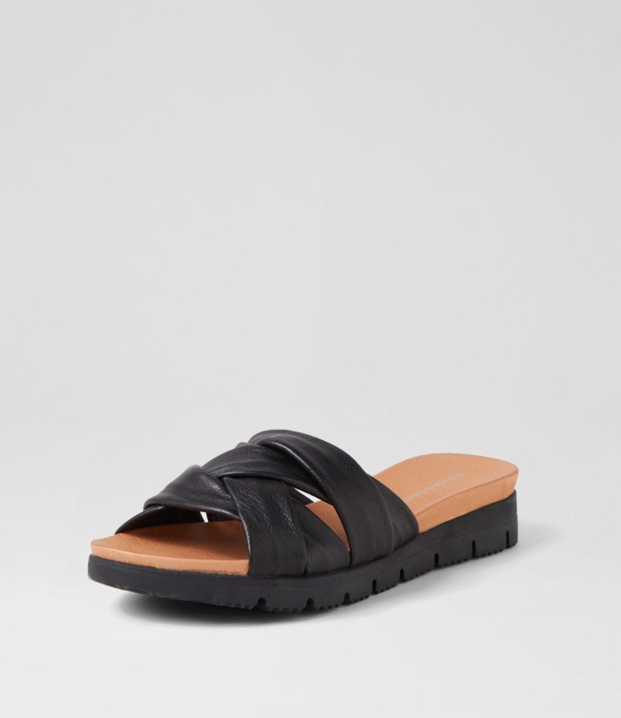 DJANGO & JULIETTE Liike Black Leather Slides | Wedges