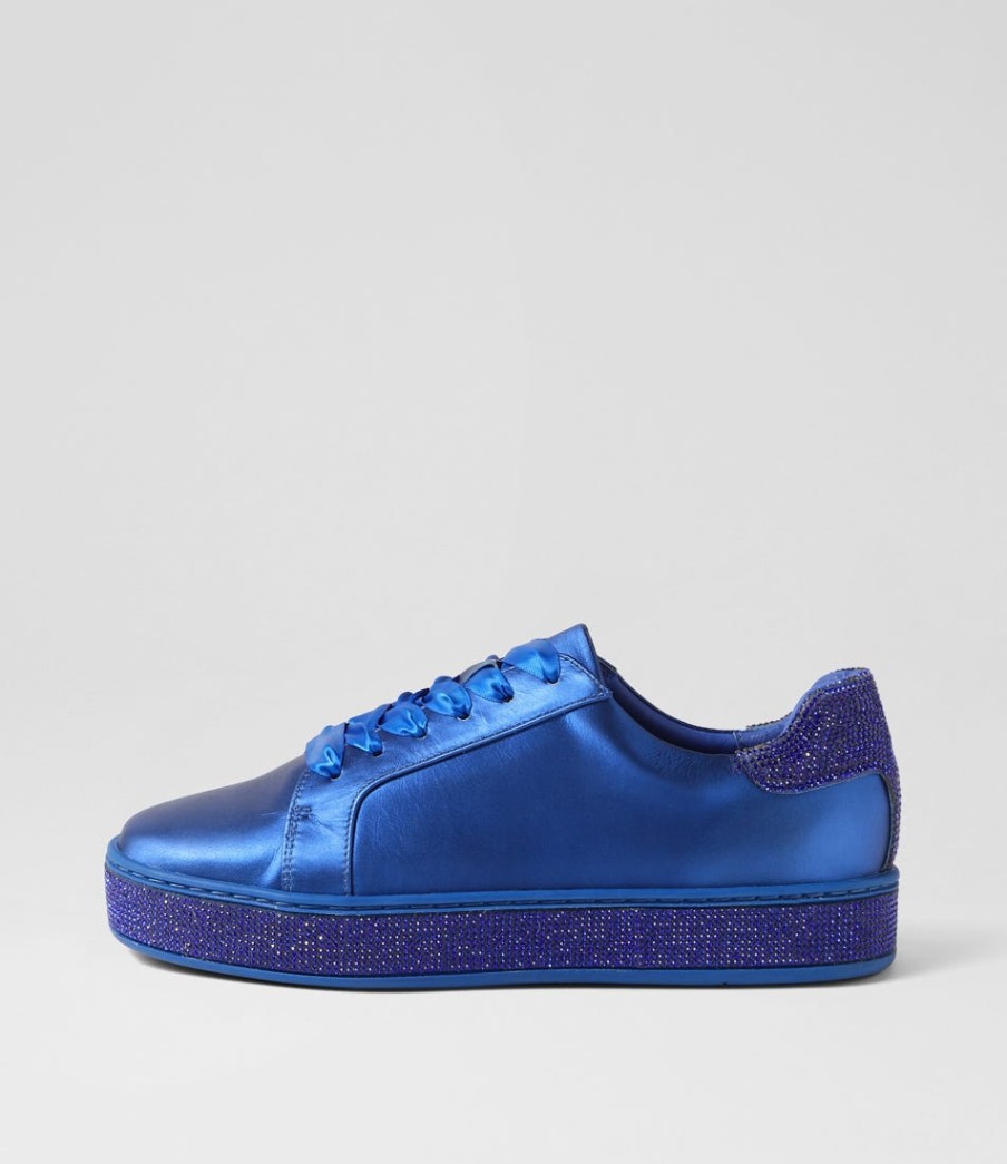 TOP END Pluma Cobalt Satin Leather Jewels Lace Up Flats | Sneakers