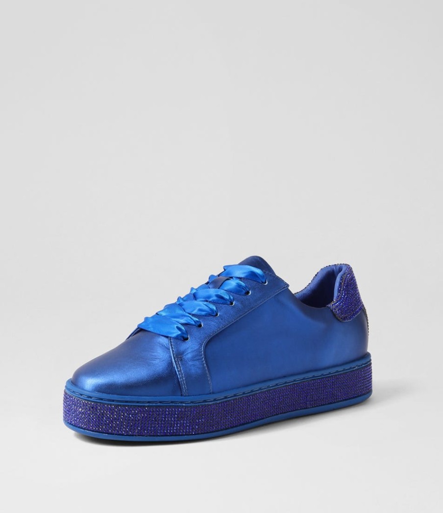 TOP END Pluma Cobalt Satin Leather Jewels Lace Up Flats | Sneakers