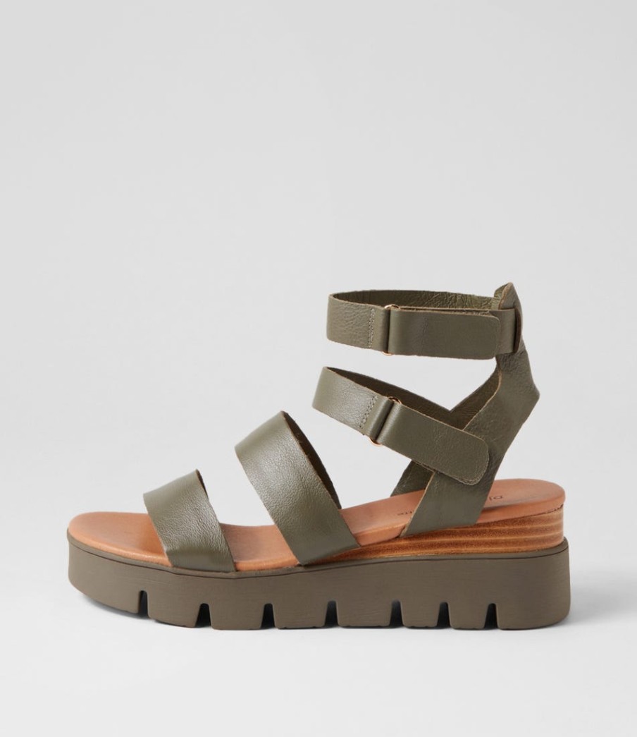 DJANGO & JULIETTE Rhean Olive Leather Sandals | Wedges