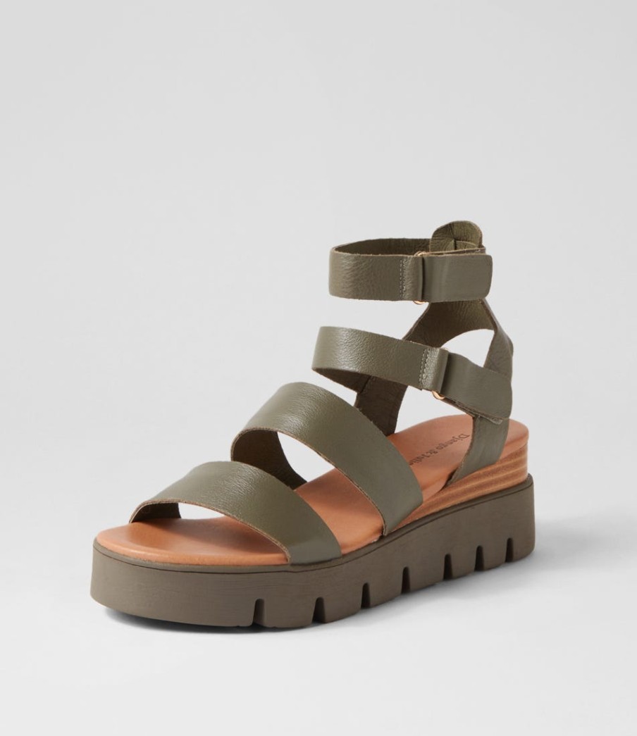 DJANGO & JULIETTE Rhean Olive Leather Sandals | Wedges