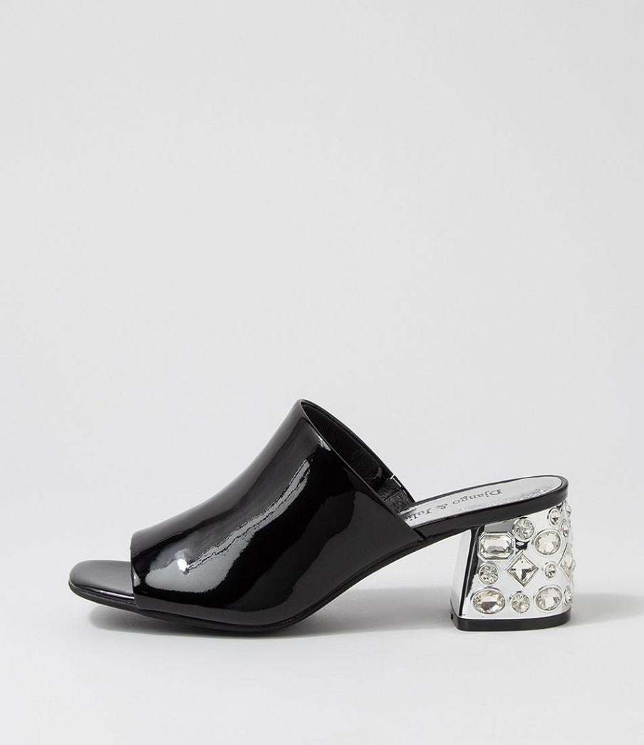 DJANGO & JULIETTE Pansie Black Patent Leather Mules | Heels