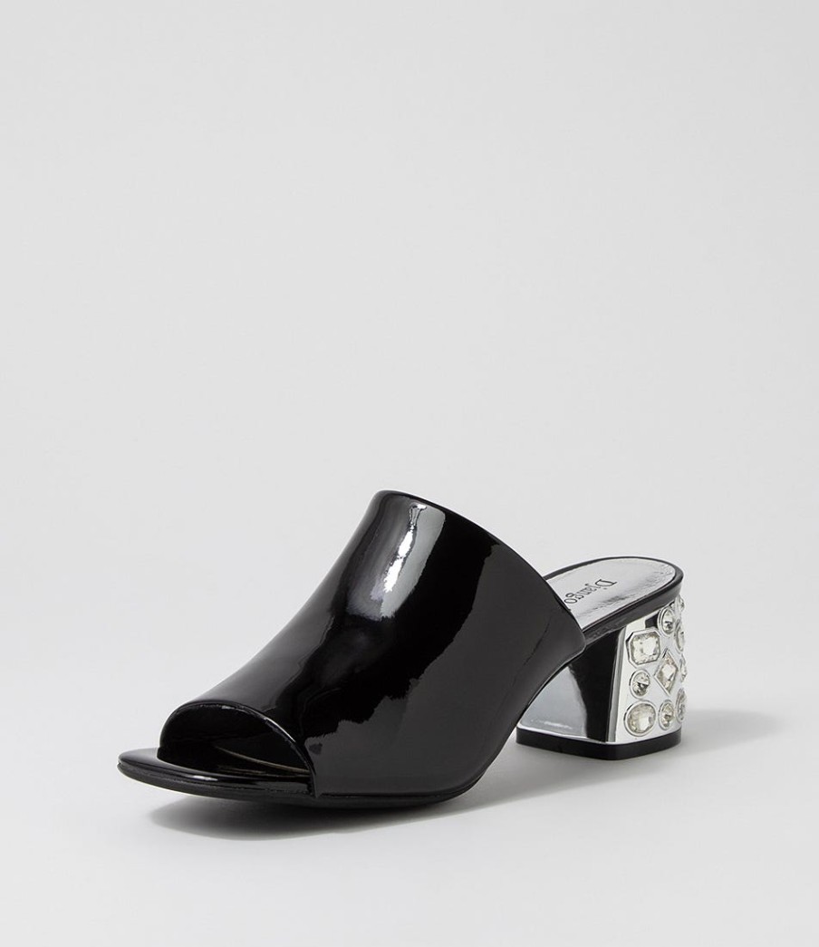 DJANGO & JULIETTE Pansie Black Patent Leather Mules | Heels