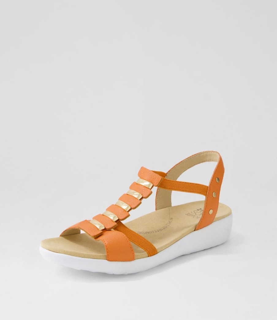 ZIERA Ulover W Bright Orange Leather Elastic Sandals | Wedges