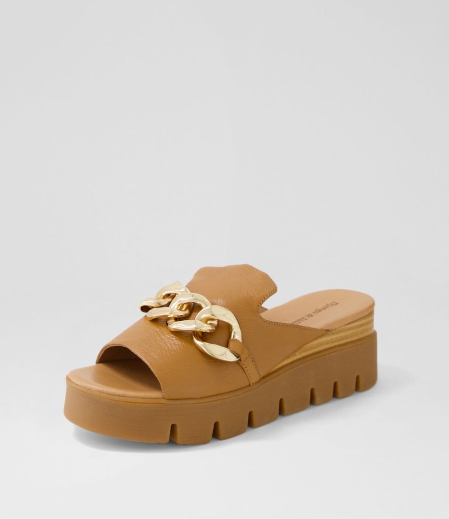 DJANGO & JULIETTE Rablise Dark Tan Light Tan Leather Slides | Wedges