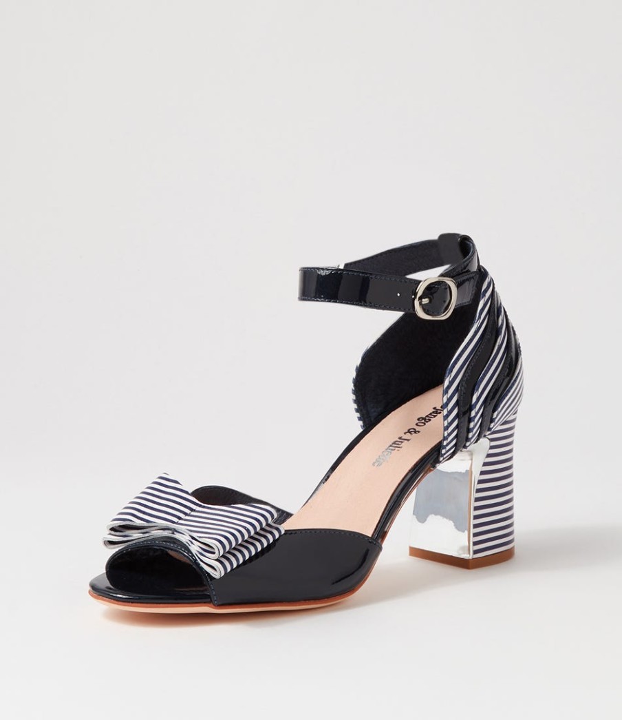 DJANGO & JULIETTE Kadmiel Navy Stripe Patent Leather Sandals | Heels