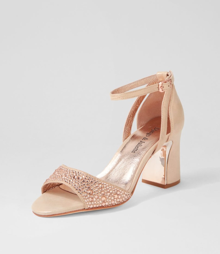 DJANGO & JULIETTE Kitta Rose Gold Shimmer Jewels Leather Sandals | Heels