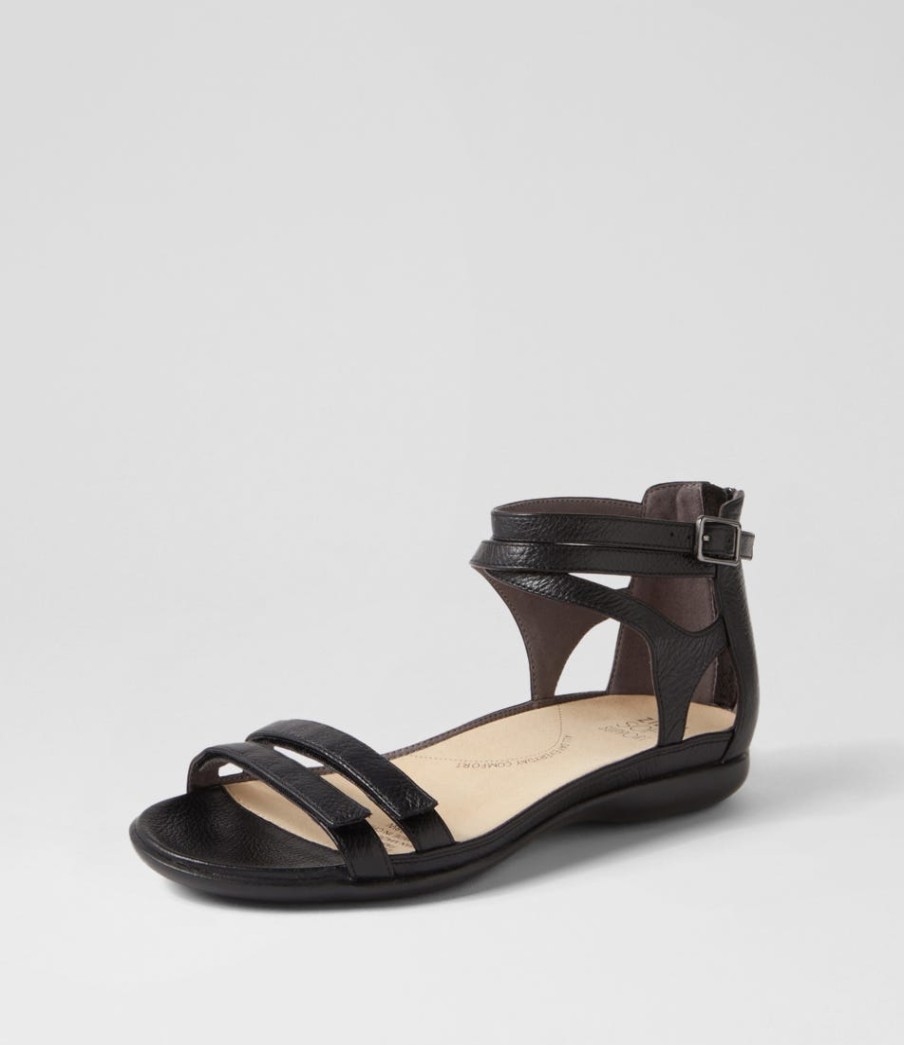 ZIERA Bethie W Black Leather Sandals | Flats