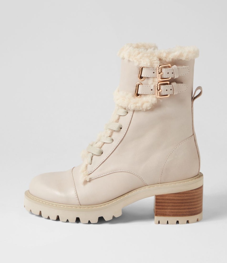 TOP END Jenifa Almond Off White Leather Fur Lace Up Boots | Boots