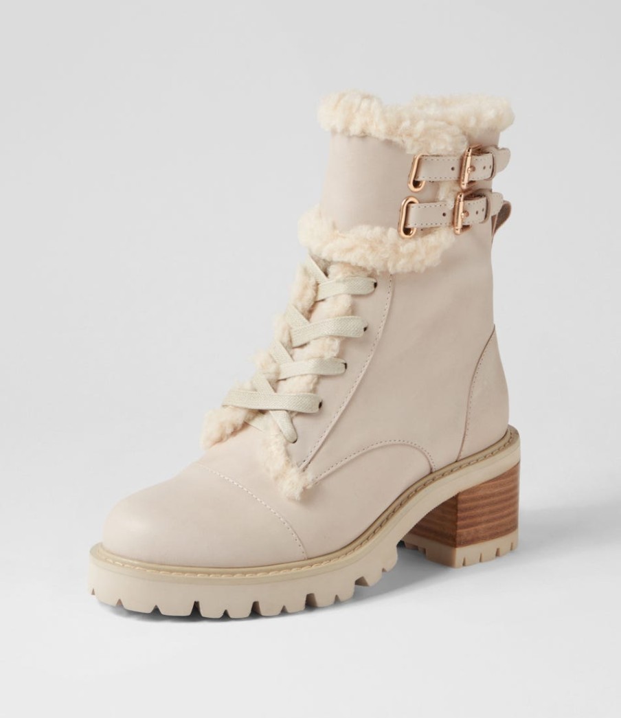 TOP END Jenifa Almond Off White Leather Fur Lace Up Boots | Boots