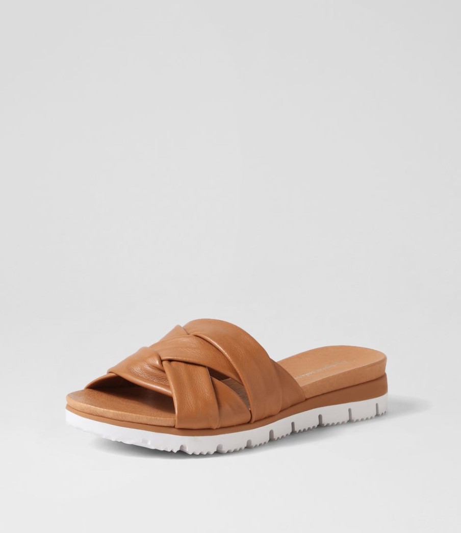 DJANGO & JULIETTE Liike Dark Tan Leather Slides | Wedges