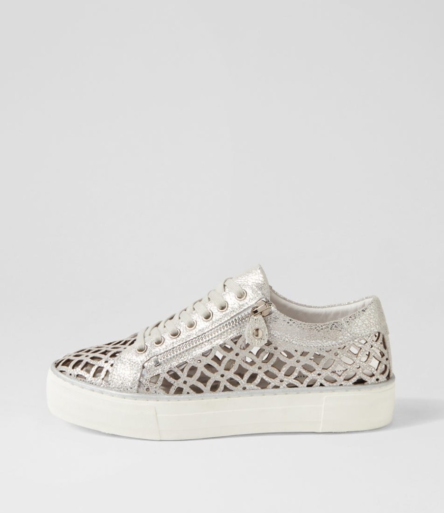 DJANGO & JULIETTE Flynng Silver Crackle White Leather Sneakers | Sneakers