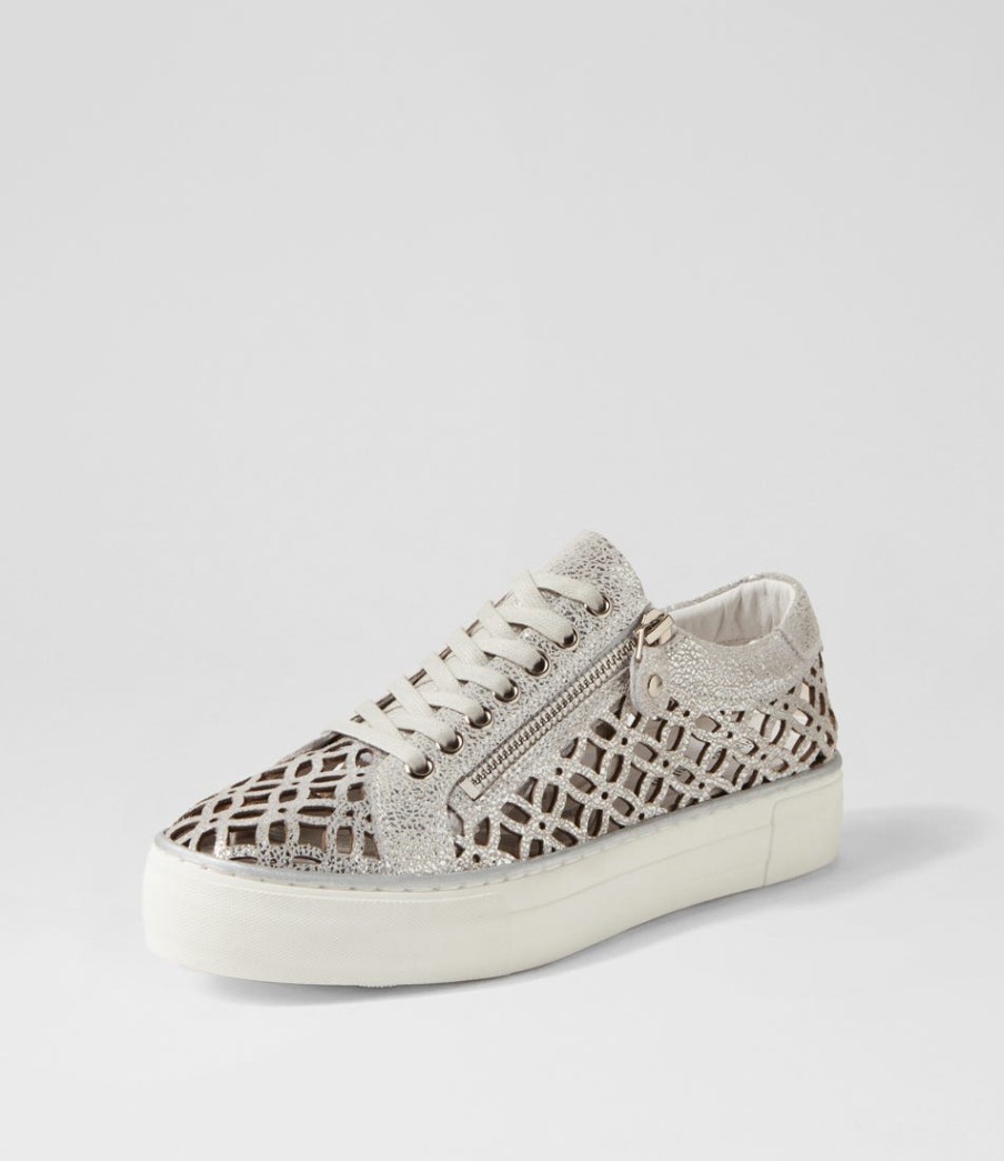 DJANGO & JULIETTE Flynng Silver Crackle White Leather Sneakers | Sneakers