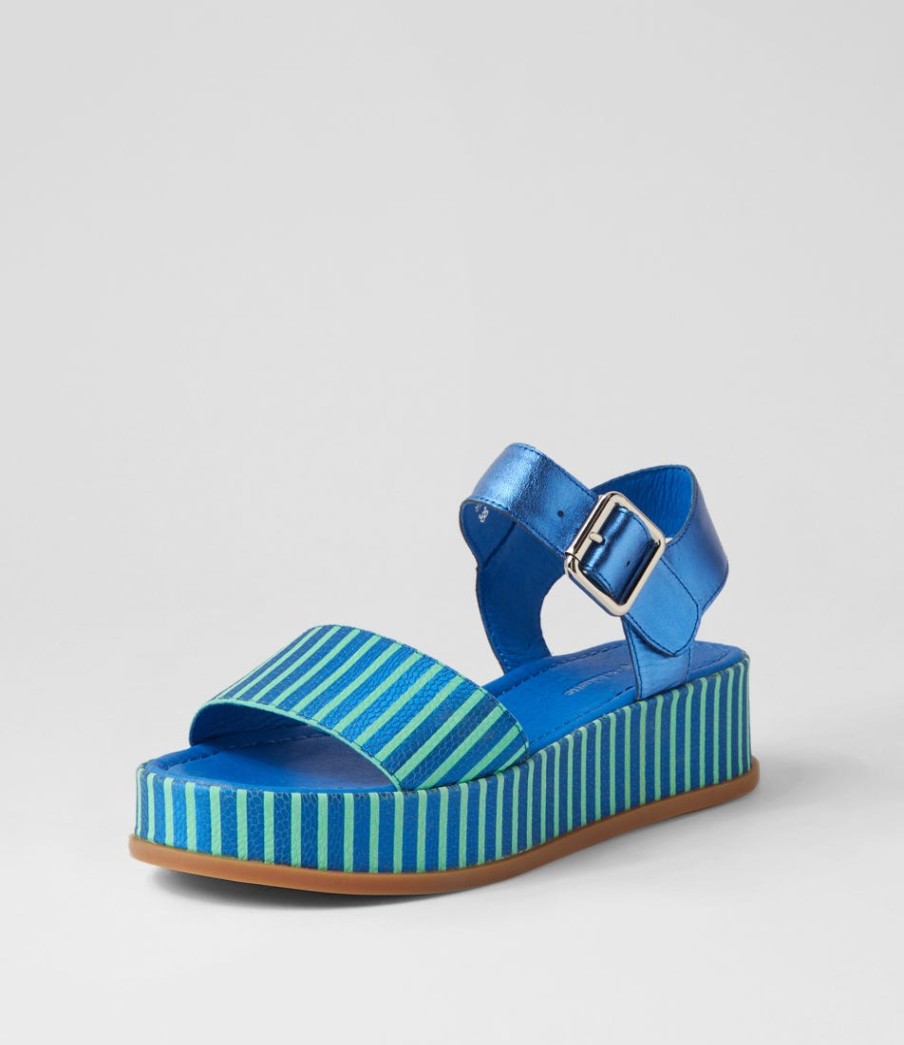 DJANGO & JULIETTE Wilburt Blue Emerald Stripe Leather Sandals | Sandals