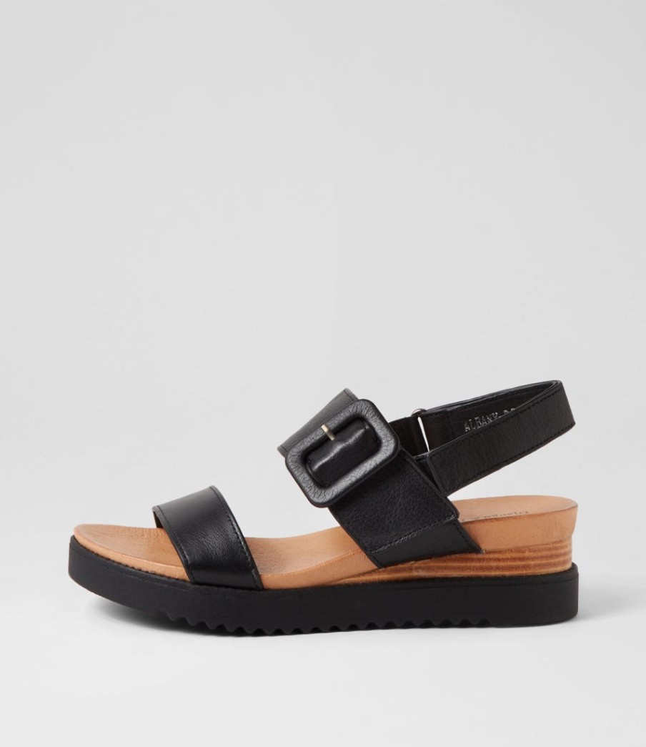 DJANGO & JULIETTE Albany Black Leather Sandals | Wedges