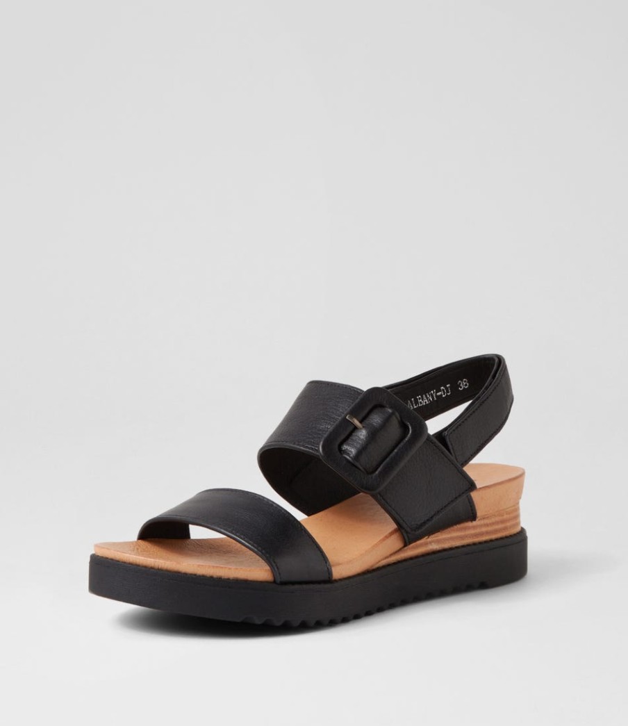 DJANGO & JULIETTE Albany Black Leather Sandals | Wedges