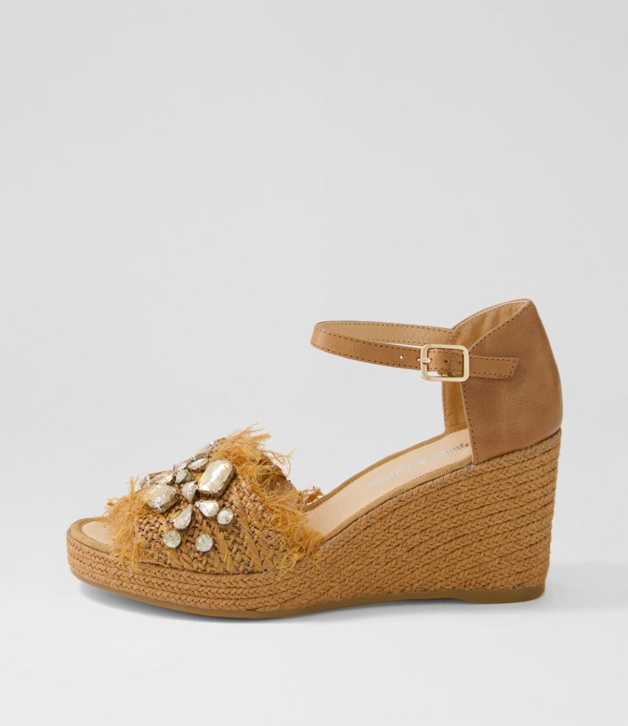 DJANGO & JULIETTE Purley Tan Synthetic Raffia Leather Sandals | Heels