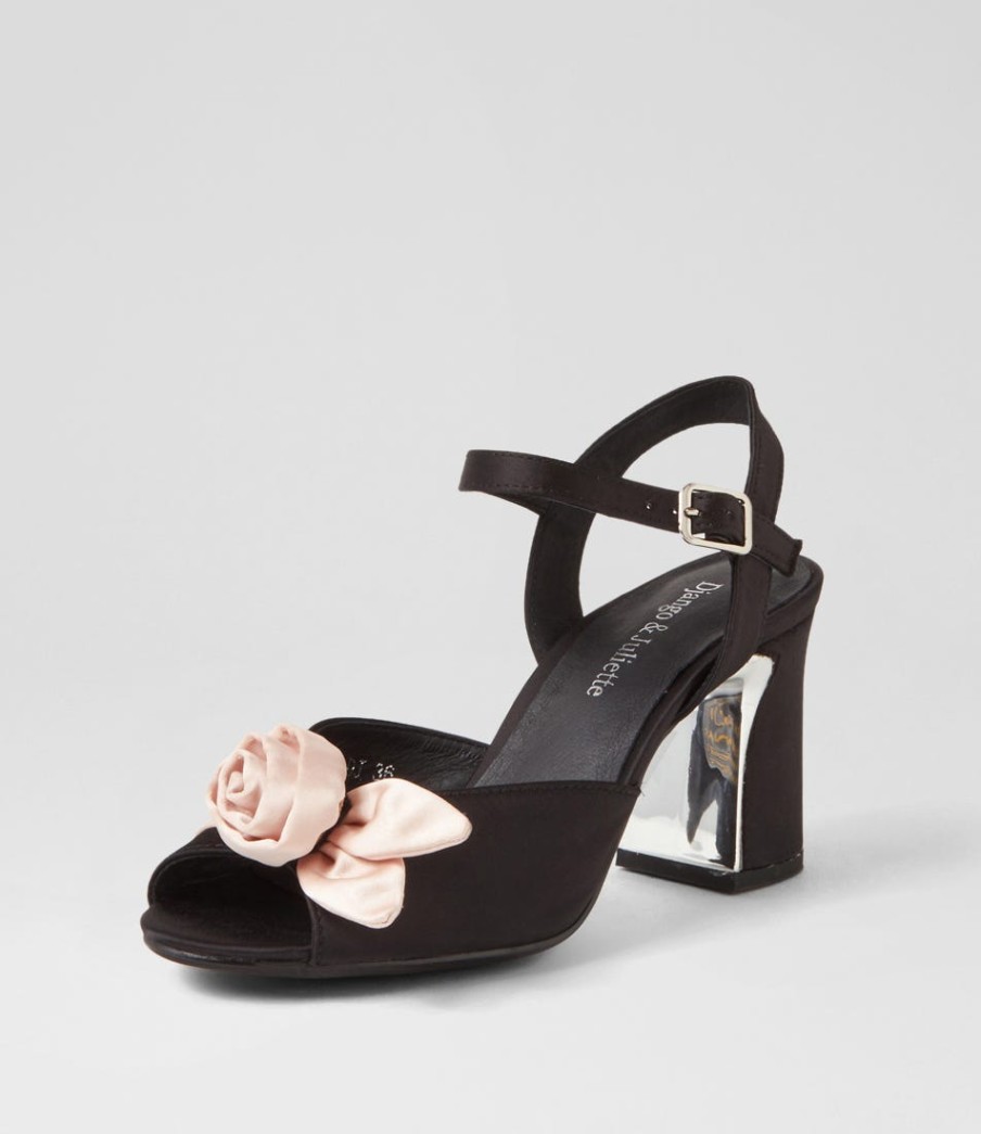 DJANGO & JULIETTE Kalice Black Nude Satin Sandals | Heels