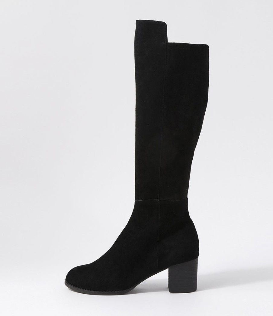 DJANGO & JULIETTE Setley Black Suede Stretch Microsuede Knee High Boots | Boots